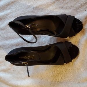 BLACK Suede Stilettos in Size 10 have Peep-toe and Ankle Strap by Elizabeth &